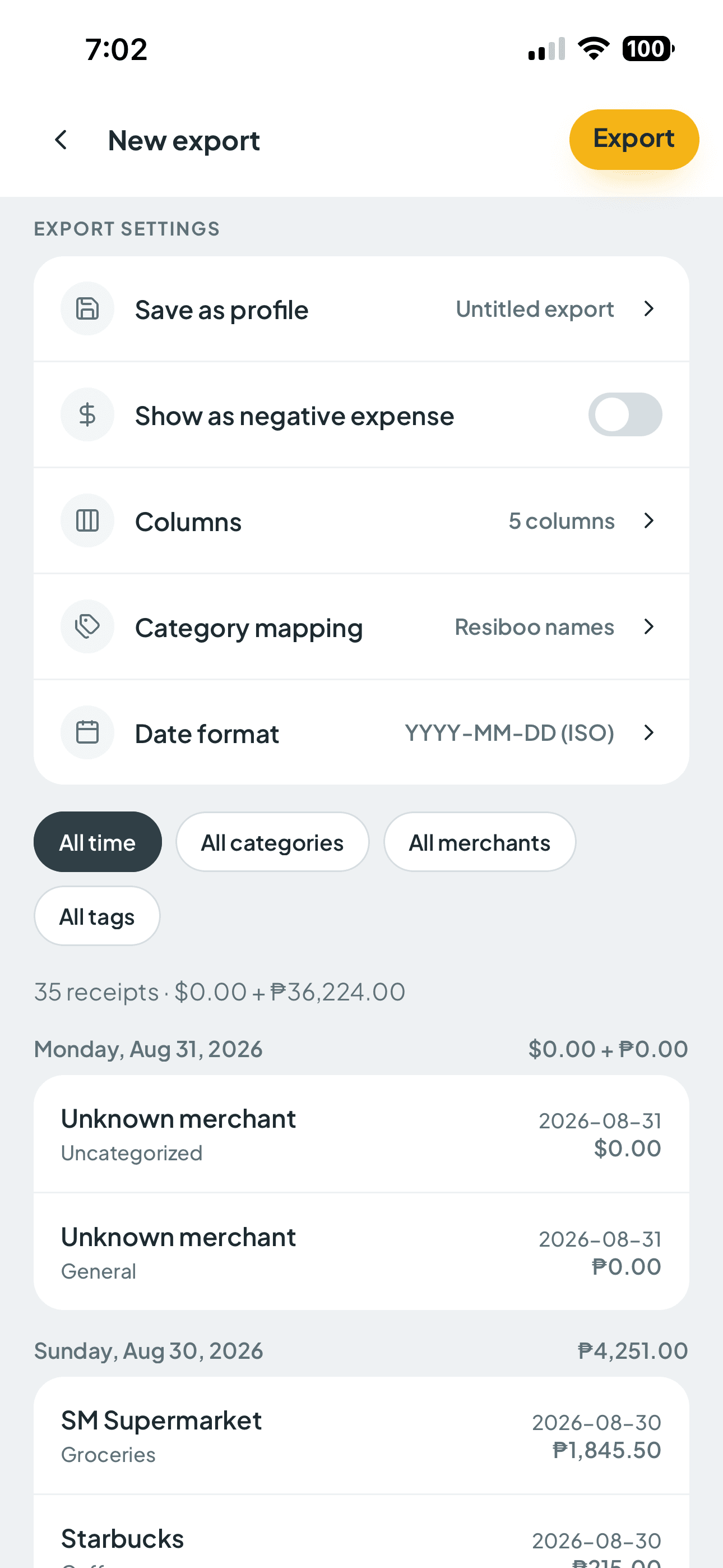 Resiboo export screen
